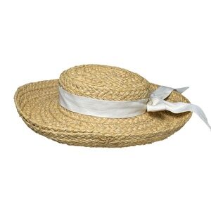 Helen Kaminski Classic 5 Raffia Straw Hat White Ribbon Bow Sun Handmade Natural